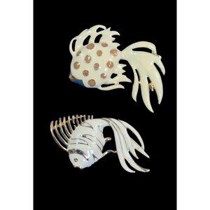 Vintage‎ Fish-Shaped Enamel & Gold-Tone Brooch Pin Set 2.5"  Gold tone
